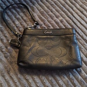 Coach Black Leather Wristlet with Signature Pattern